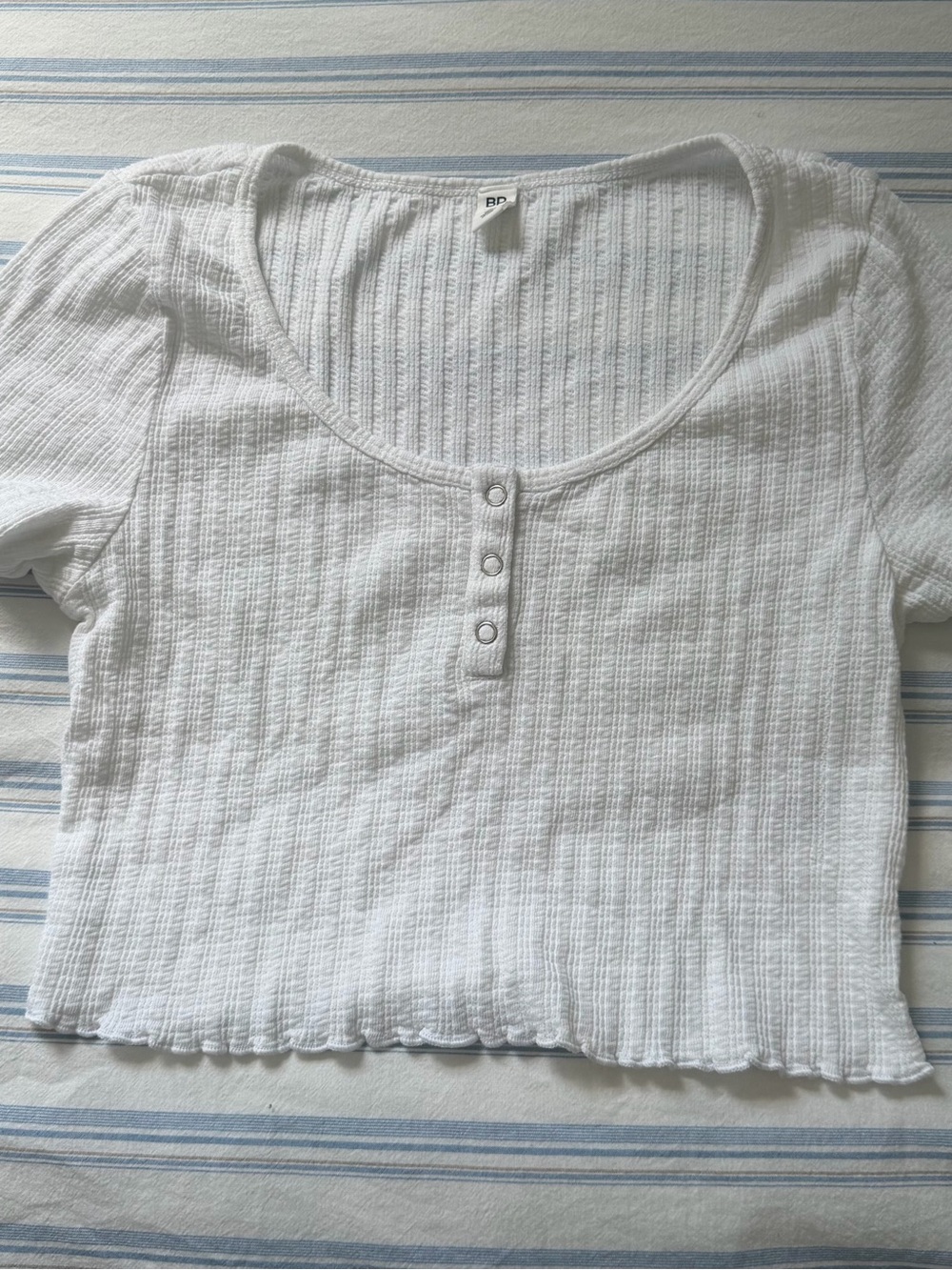 bp White Ribbed Scoop-Neck Henley Crop Top